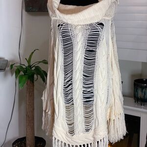 Haute Hippie Cream Fringe Cable Knit Poncho